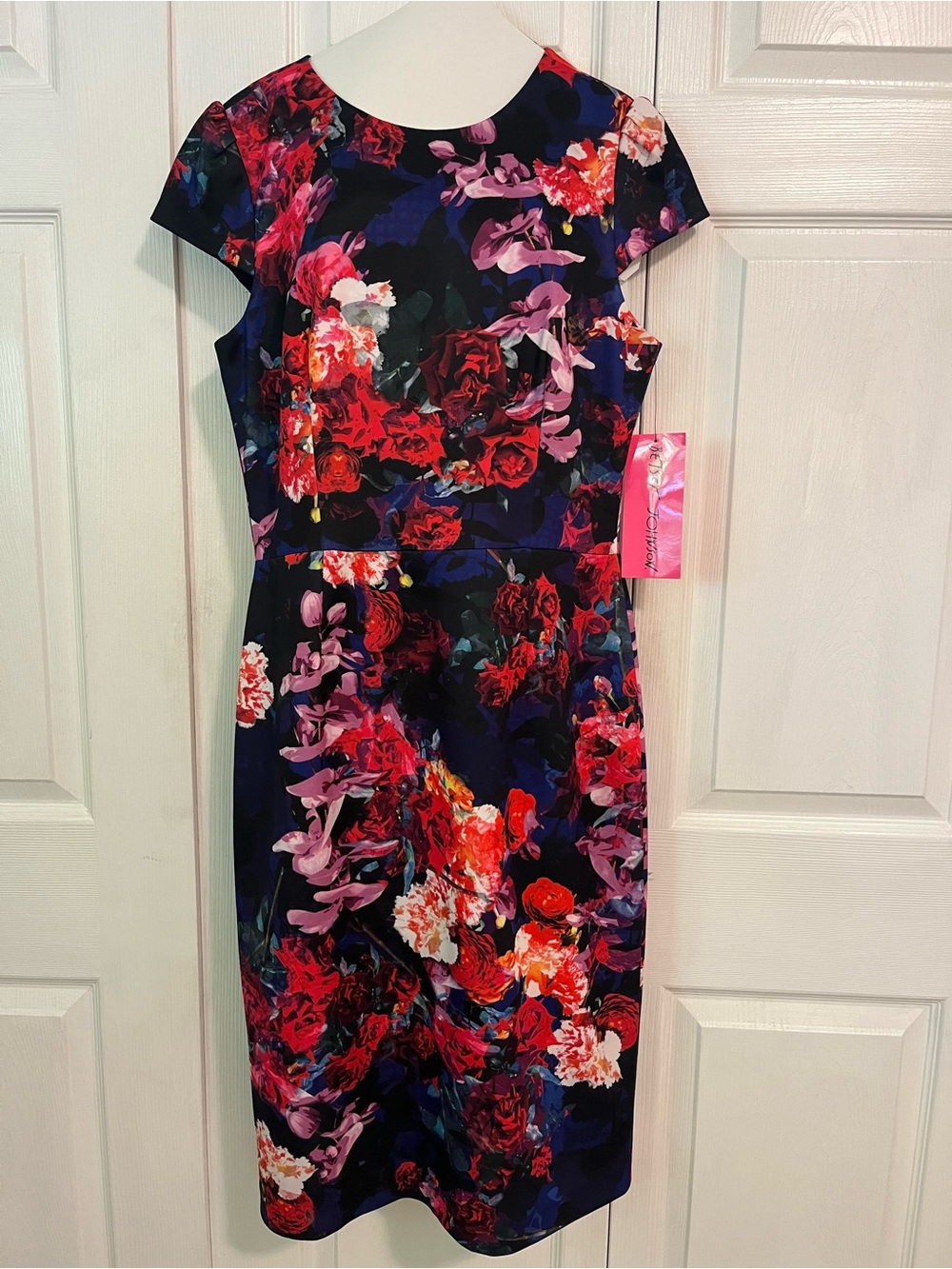 Betsey Johnson Navy Floral Cap-Sleeve Sheath Dress with Red and Pink Accents NWT